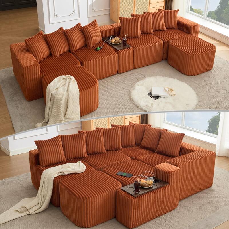 137.5" U-Shaped Modular Sofa with USB & Wireless Charging, Coffee Table Board, Cup Holders, Movable Footstool, Corduroy