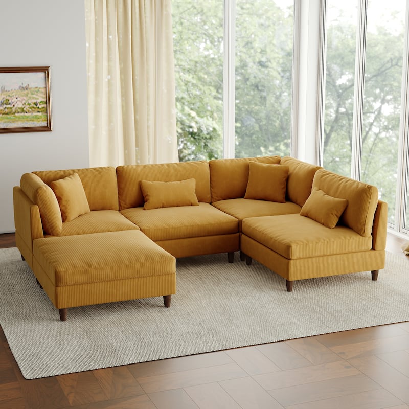 5-Piece Modern Comfy Corduroy Modular Sectional Sofa with Ottoman