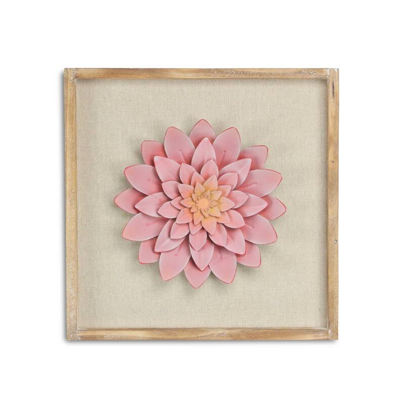 Pink Wood Framed Metal Flower Wall Decor - Pink