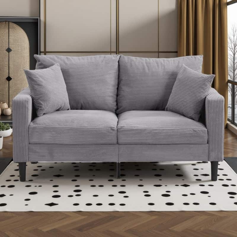 57.9" Corduroy Loveseat Sofa with Wooden Frame, High-Resilience Sponge, and Space-Saving Design - Light Gray