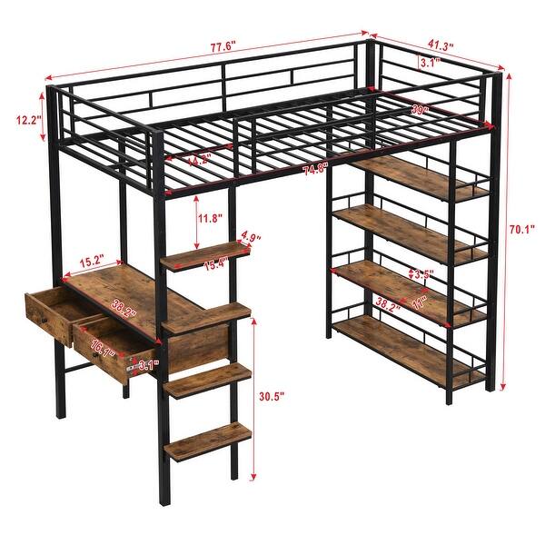 dimension image slide 0 of 2, Metal Loft Bed with Desk, Ladder, Fence, and Shelves for Kids