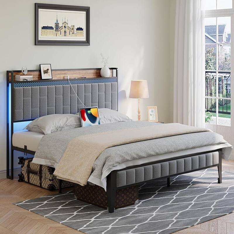Bed Frame with LED Light and Charging Station - Grey2 - King