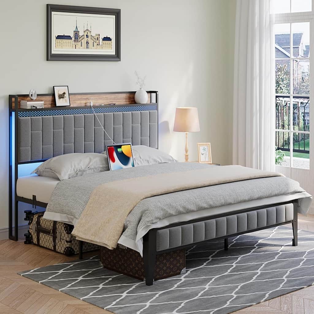 Bed Frame with LED Light and Charging Station