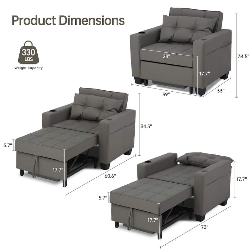 Futon Chair Bed Convertible Chair 3-in-1 Pull Out Sleeper Chair Beds for Living Room