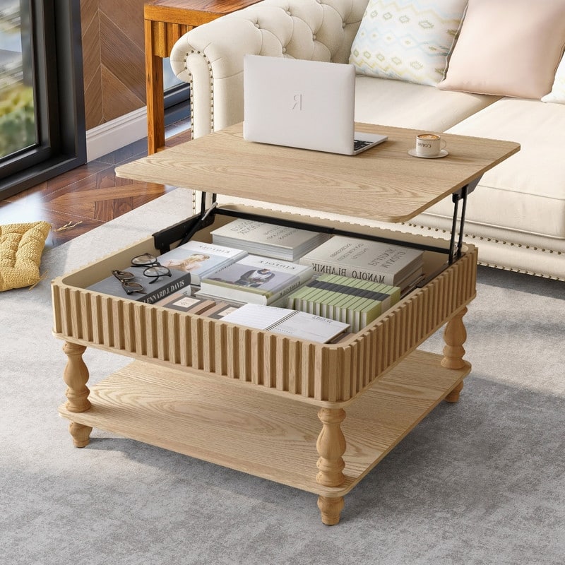 Fluted 31.5" Square Lift-Top Coffee Table with Hydraulic Mechanism for Hidden and Open Storage Solutions