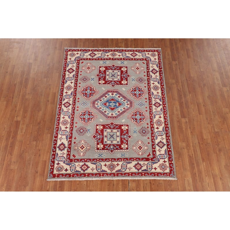Traditional Grey Kazak Oriental Area Rug Hand-Knotted Wool Carpet - 5'1" x 6'9"