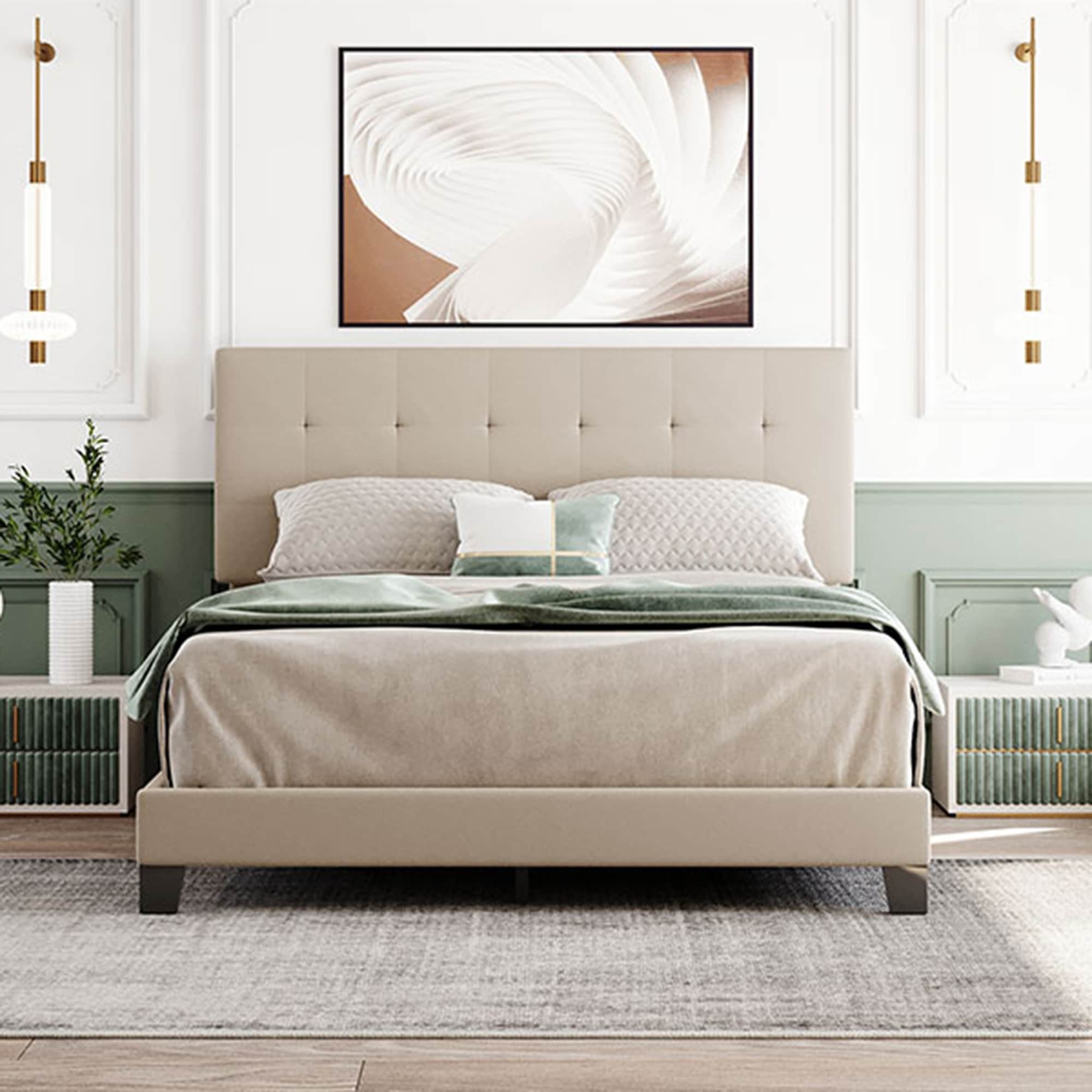 Upholstered Platform Bed with Tufted Headboard, Box Spring