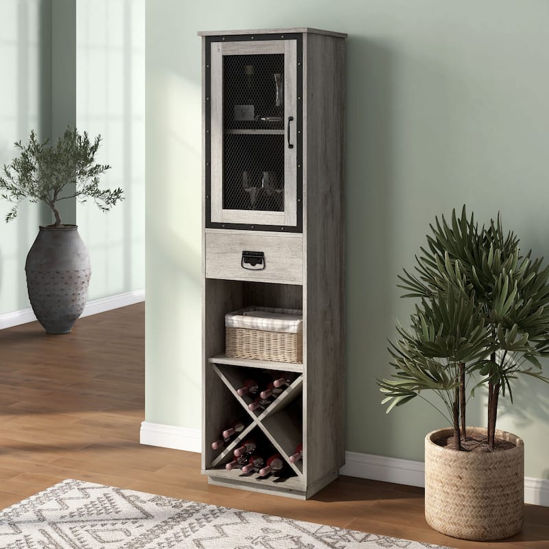 DH BASIC Industrial 3-shelf Tower Cabinet with Wine Bottle Storage by Denhour - Vintage Grey Oak