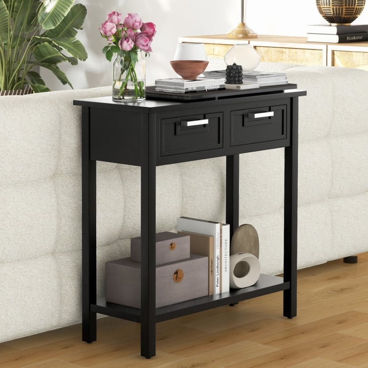 Wooden Console Table with 2 Drawers and Open Storage Shelf for Hallway