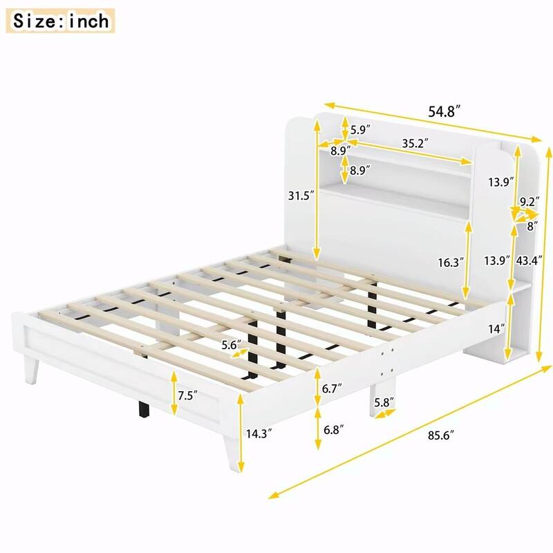 Platform Bed with Storage Headboard, Multiple Shelves on Both Sides