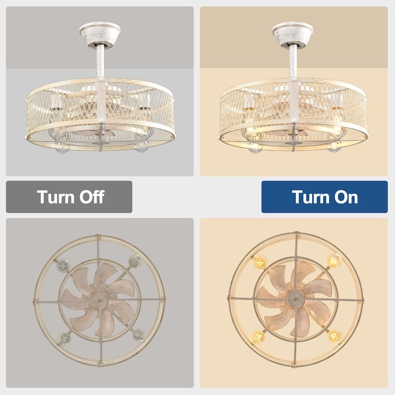 20-26" Caged outdoor Ceiling Fan with Light: Remote App Control-Farmhouse Fandelier Flush Mount Fixture Reversible 6 Speed Timer