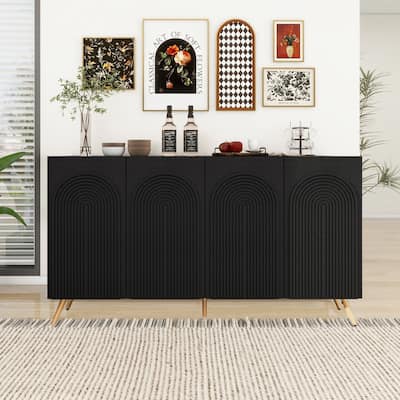 Carved 4 Door Sideboard With Storage, Cabinet With Adjustable Shelf