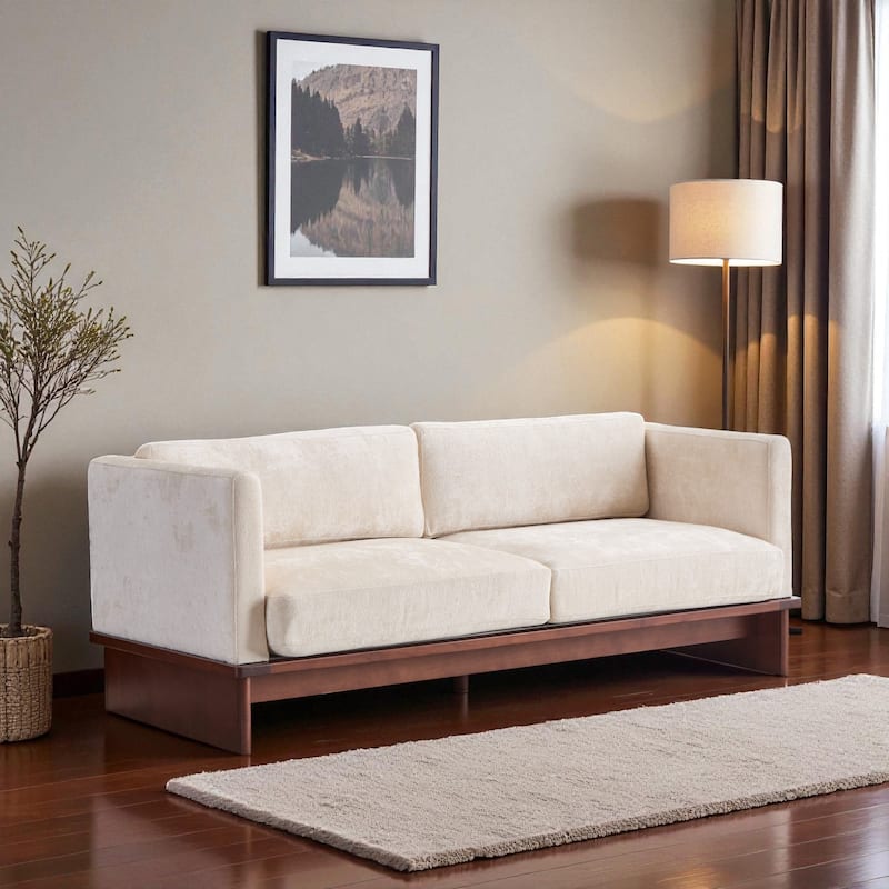 77" Modern Boucle Sofa, 3-Seater Upholstered Couch with Solid Wood Base and Square Arms for Living Room - Beige