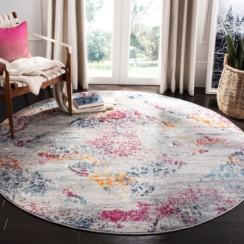 SAFAVIEH Madison Marilee Vintage Boho Oriental Rug - 6'7" Round - Light Grey/Fuchsia