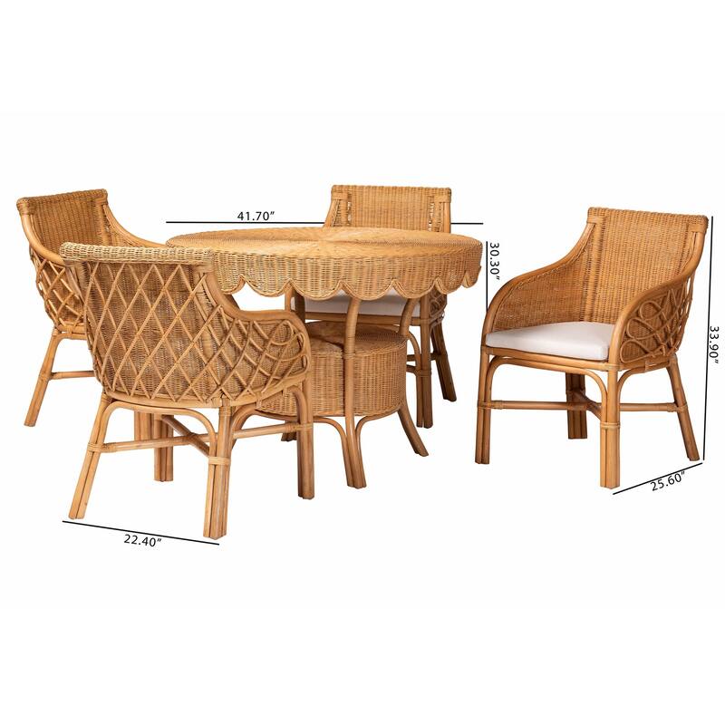 Tudor 5-Piece Rattan Dining Set - Round Wicker Table with Scallop Edge and 4 Armchairs, Handwoven Boho Coastal Style for Dining