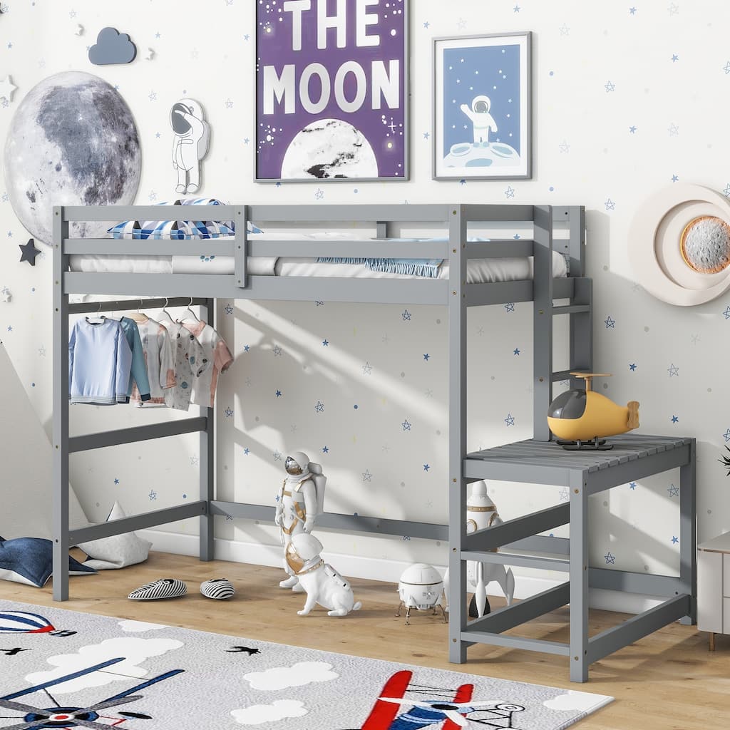 Grey Twin High Loft Bed with Ladder Landing Platform, Guardrails and Ample Underbed Space