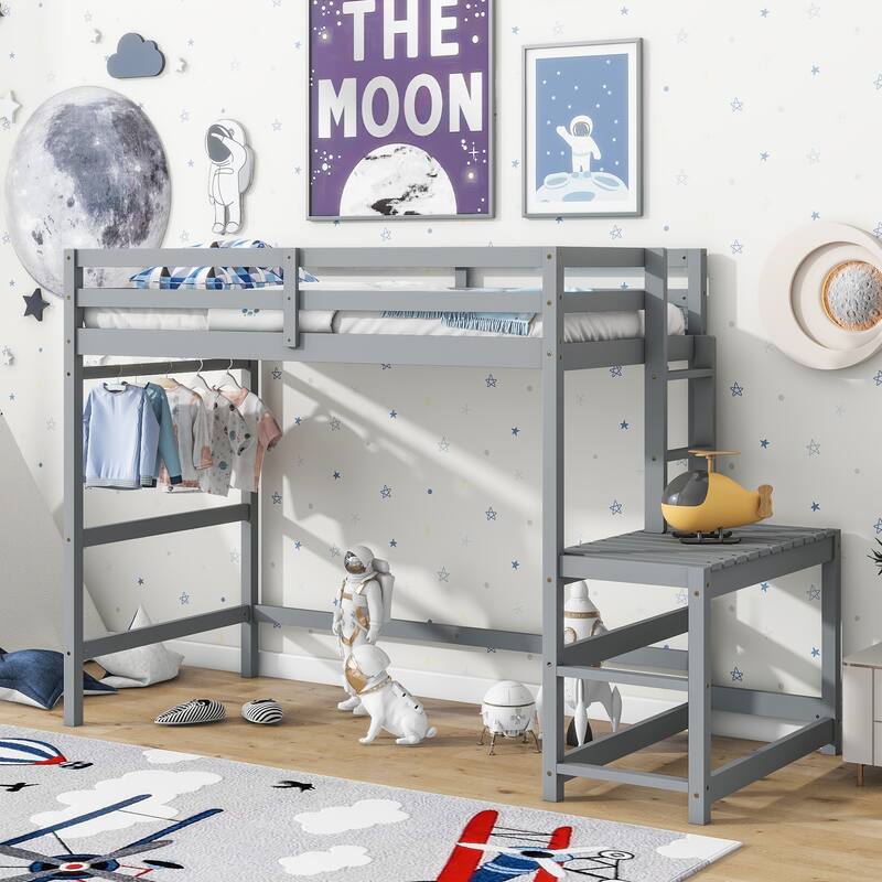 Grey Twin High Loft Bed with Ladder Landing Platform, Guardrails and Ample Underbed Space - Gray