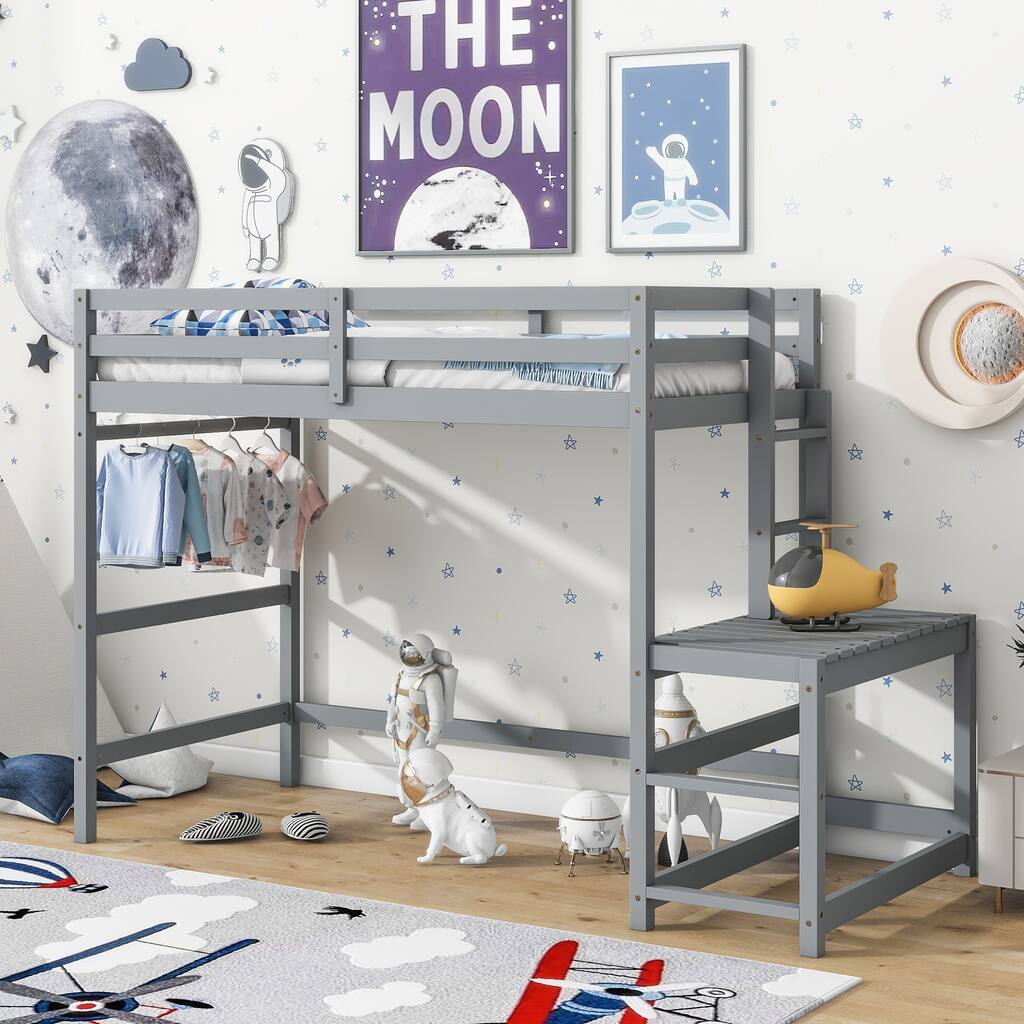 Twin High Loft Bed with Ladder landing Platform, Ladders, Guardrails