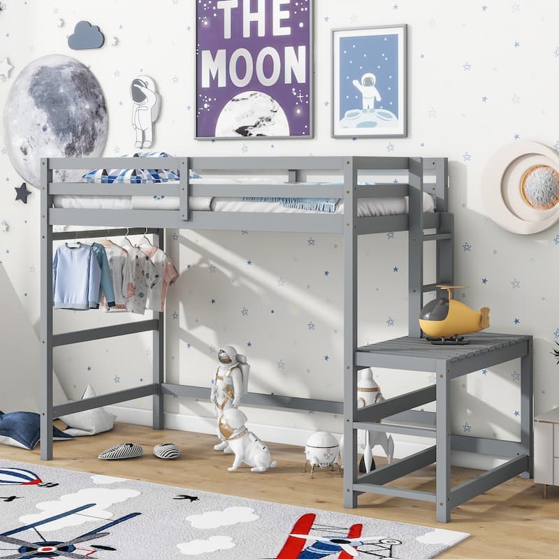 Twin Size High Loft Bed with Ladder landing Platform, Ladders, Guardrails,Grey