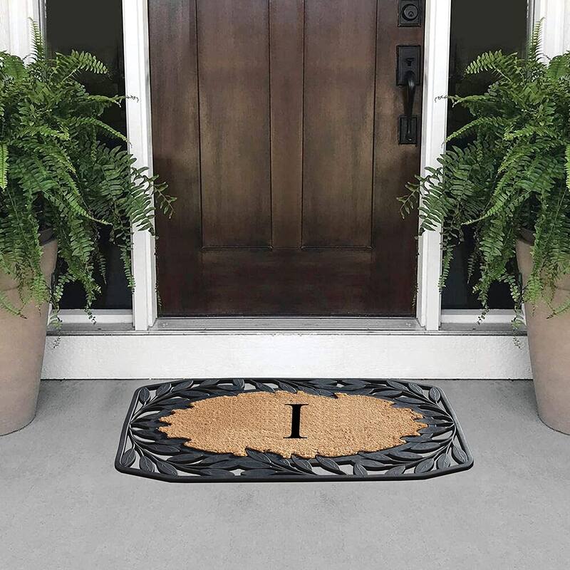 A1HC Rubber and Coir Stylish Leaf Border Large Outdoor Durable Monogrammed Doormat, Black - 23" X 38"