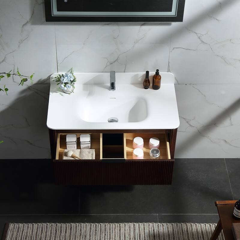 Modland Fluted Floating Vanity with Sink, Plywood Wall Mount Cabinet, Curved Edge, 24/30/36 Inch