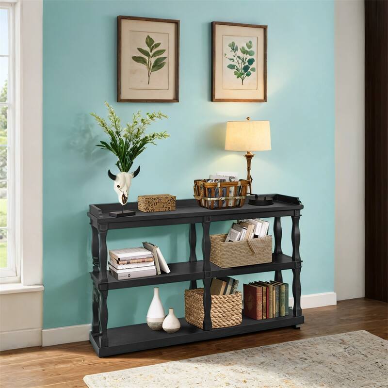 Console Table with 3-Tier Open Storage Spaces Effect Support Legs