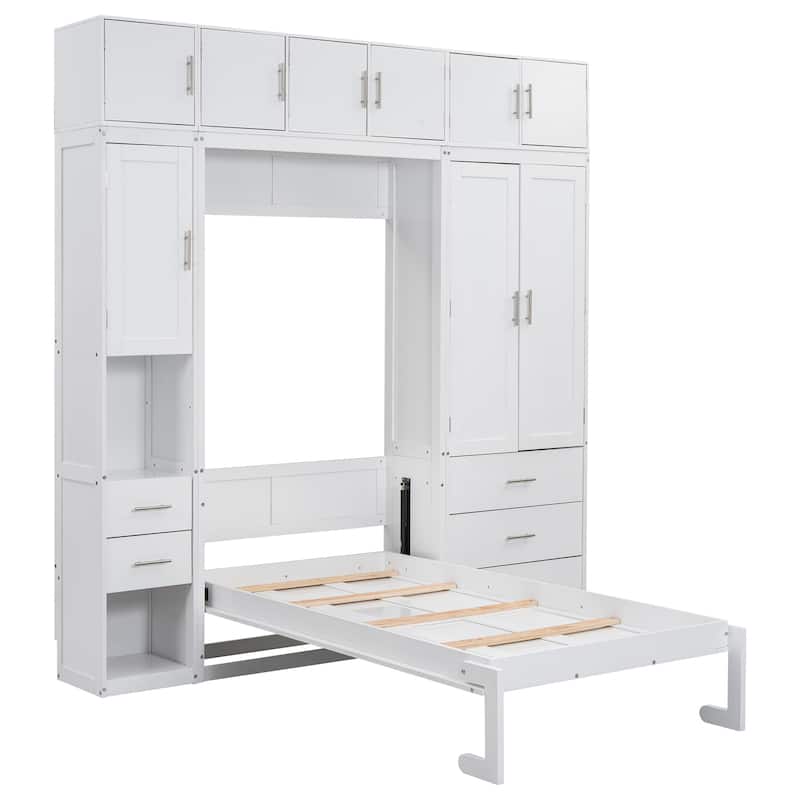 Space-Saving Twin Murphy Bed with Lockers and Wardrobes, White