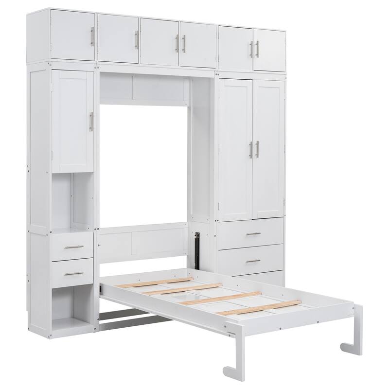 White Twin Size Modern Murphy Bed with Drawers, Lockers, and Wardrobes