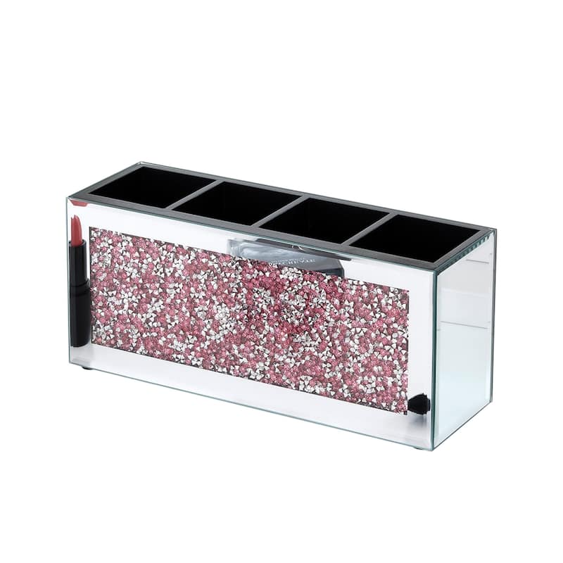 9" Pink And Silver Mirrored Glass Four Section Jewelry Organizer With Faux Crystals
