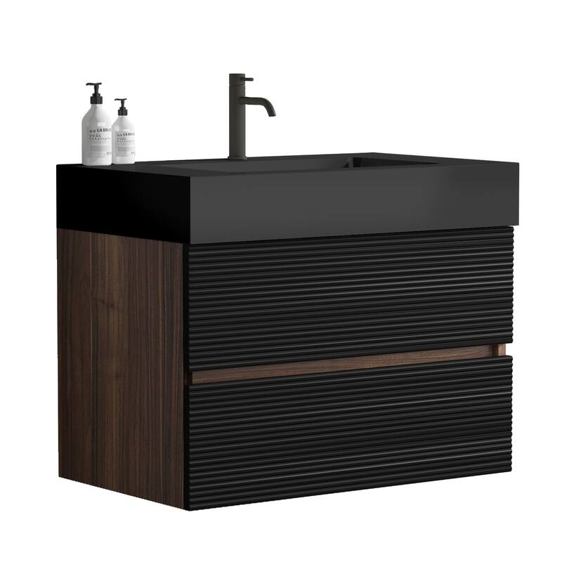 30" Bathroom Vanity with Matt Black Engineered Quartz Sink and Soft Black Drawers,Floating Bathroom Vanity