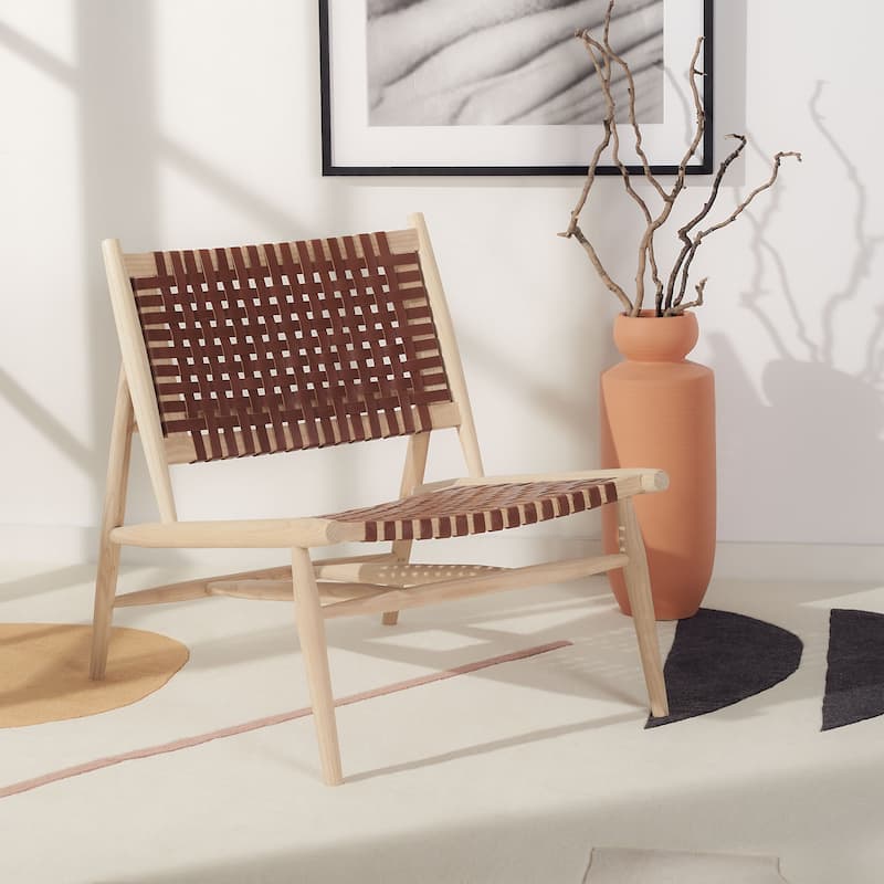 SAFAVIEH Soleil Squared Leather Woven Accent Chair - 26" W x 31.5" L x 30.7" H - Cognac/Natural