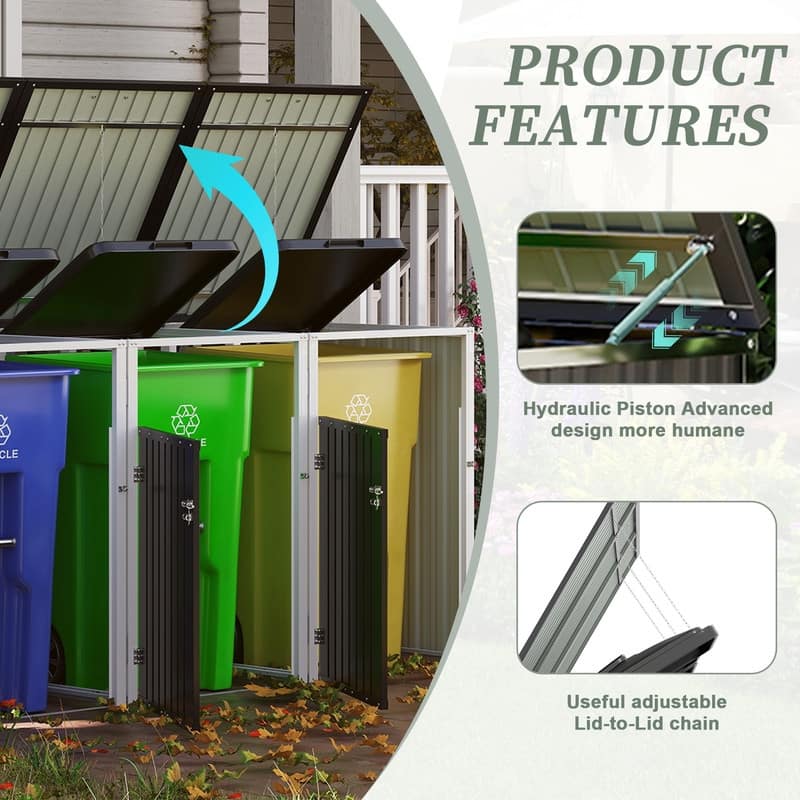 120 Cu. Ft. Outdoor 3-Trash-Can Storage Shed, Pneumatic Support Rod Storage - N/A