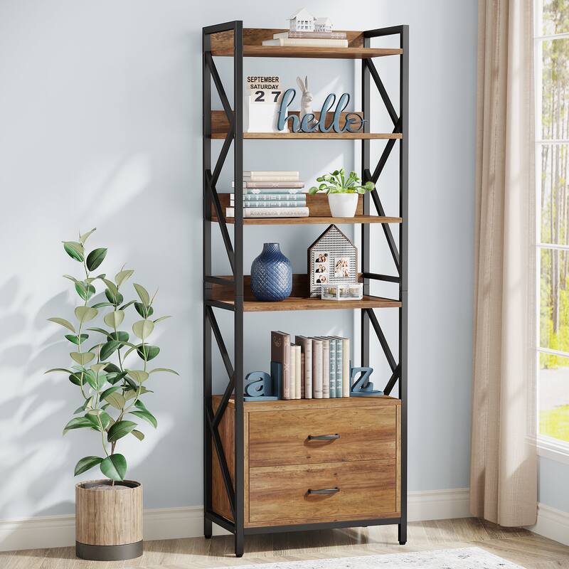 5-Tier Bookshelf Industrial Bookcase with 2 Drawers