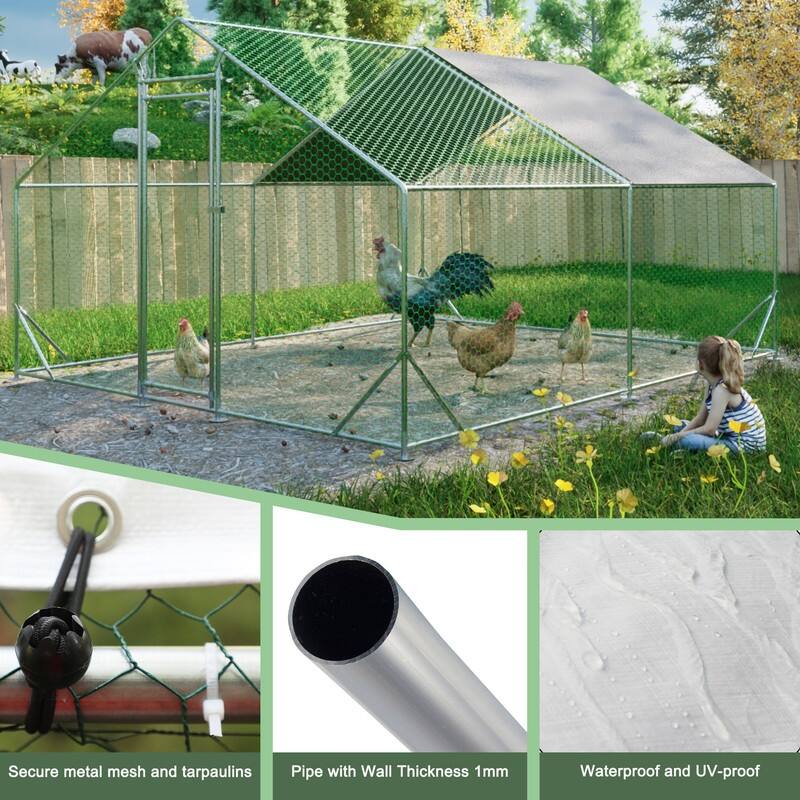 Large Metal Chicken Coop, Walk-in Chicken Run, Chicken Hen Pen Cage - Silver
