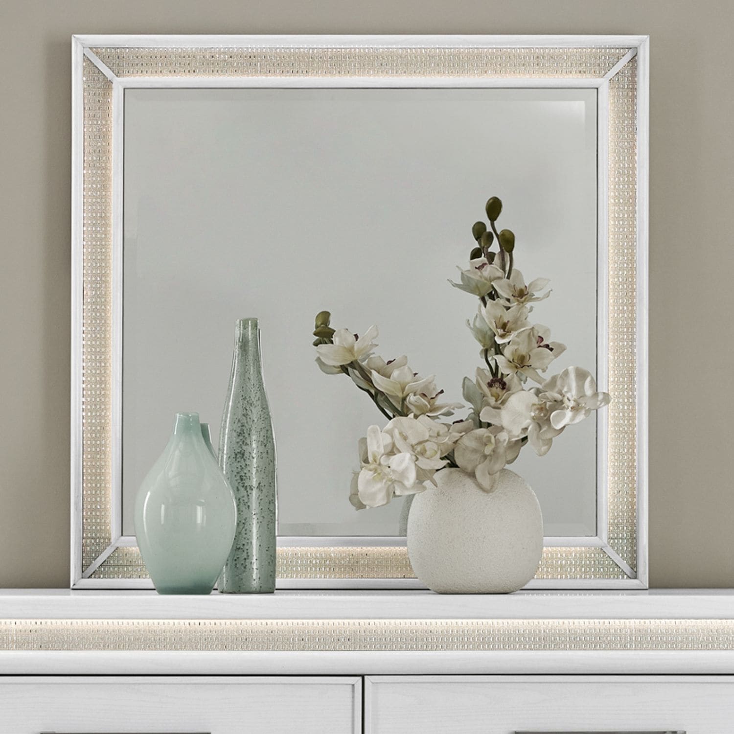 Reflections Bedroom Mirror with Touch LED Lighting - Pearl White Rhinestone - Width 40" x Depth 2" x Height 38"