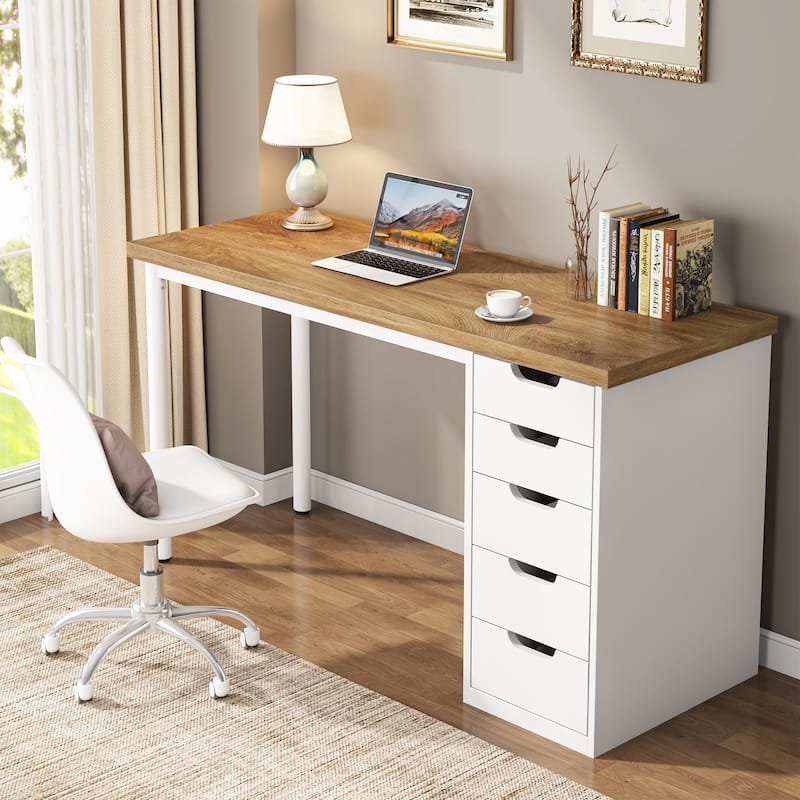 47-inch Computer Desk with 5-drawer, Wood and Metal Writing Desk for Study Living Room