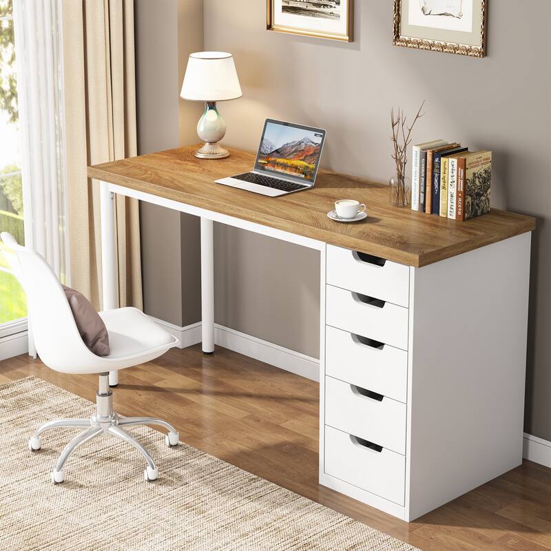 Modern Computer Desk with 5 Reversible Drawers, Storage Home Office Desk, PC/Laptop Desk, Study Writing Table Workstation