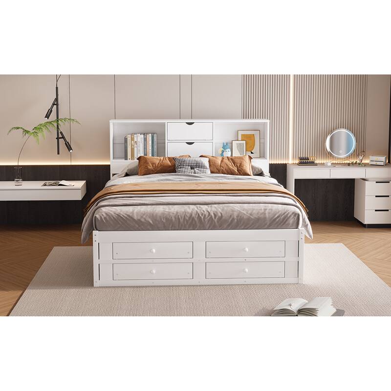 Roomfitters Queen/King Platform Bed with Storage Headboard and 8 Drawers, Solid Wood