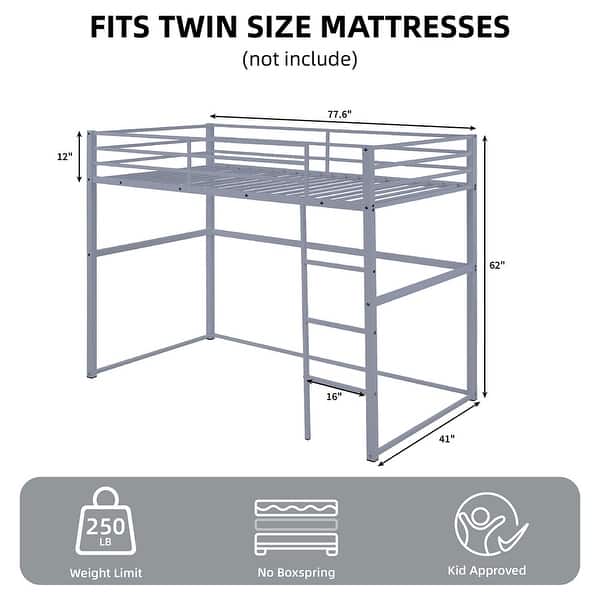 dimension image slide 1 of 3, Metal Loft Bed Twin, Loft Bed Frame with Guard Rails and Flat Ladder