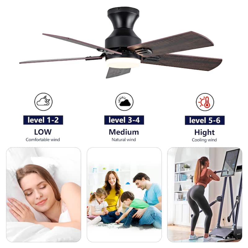 Ceiling Fans with Lights, 42 inch Low Profile Ceiling Fan with Light and Remote Control, Flush Mount, Reversible - Black