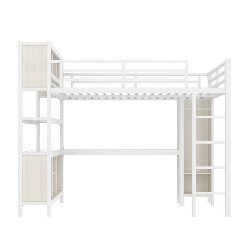 Queen Size Heavy Duty Metal Loft Bed with Wardrobe & L-shaped Desk, Multi-functional Storage Bed Frame with Cubes & Shelves