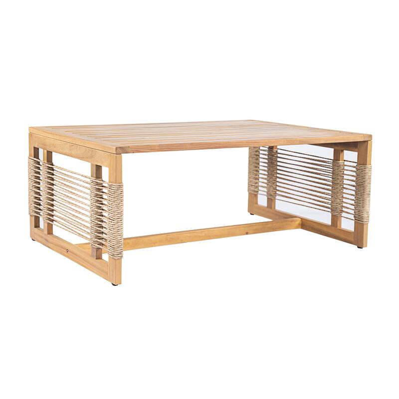 Acacia Wood 3-Seater Outdoor Patio Sofa Set - with 2 Coffee Tables, Teak Look & Beige Cushion for Garden, Poolside