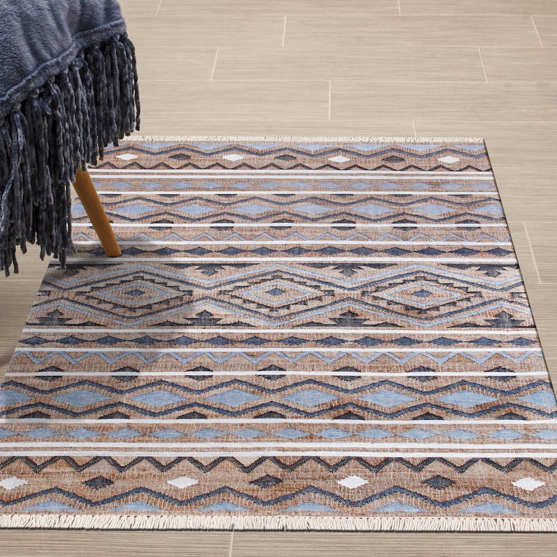Sevita Hand-Woven Southwestern Jute-Blend Area Rug, Tan and Light Blue