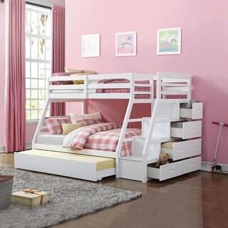 Twin Over Full Size Bunk Bed with Trundle, 5 Drawers, Ladder, and Safety Barriers