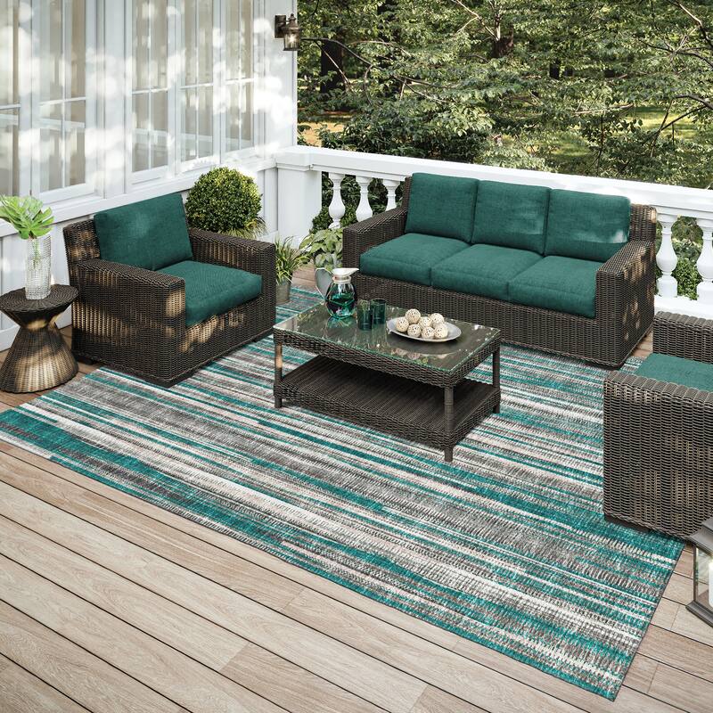 Indoor/Outdoor Waverly Modern Stripes Washable Rug - 8' x 10' - Peacock