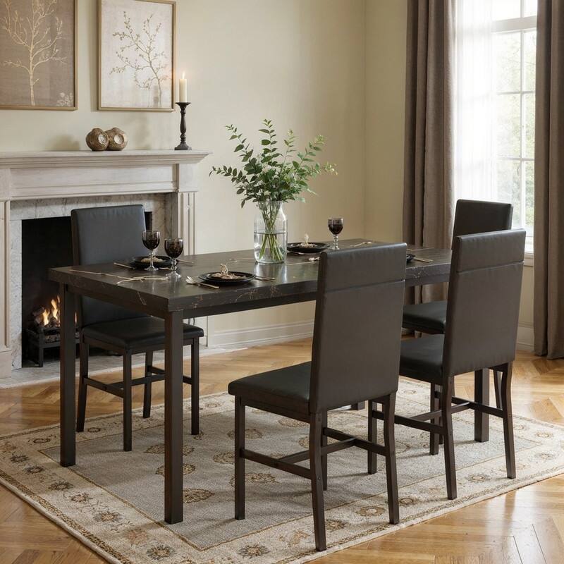 Grondin Modern Contemporary 5 Pieces Dining Table Set with Faux Marble Top and 4 PU Leather Upholstered Chairs