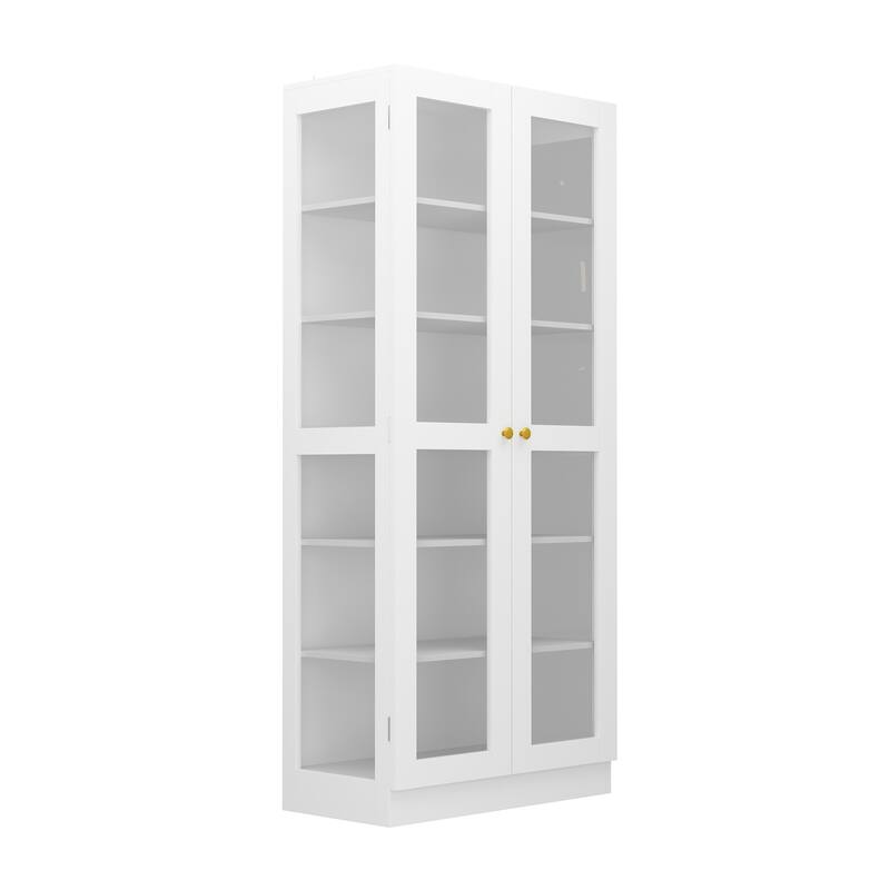 Bookcase Display Cupboard Curio Cabinet 2 Glass Door White Lacquer - 70.9"Hx31.5"W