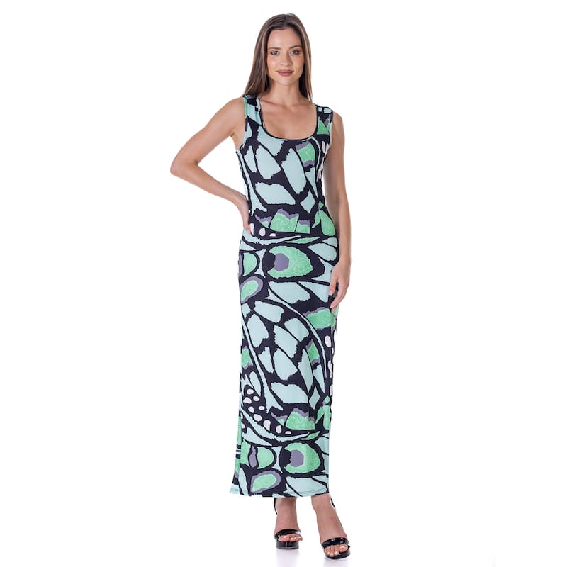 24seven Comfort Apparel Womens Green Butterfly Print Casual Razorback Tank Maxi Dress - Mint - S