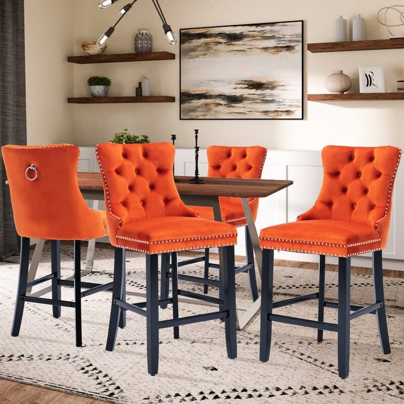 Contemporary Velvet Upholstered Counter Bar Stools Set of 4 - Orange