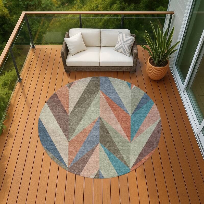 Machine Washable Indoor/ Outdoor Modern Chevron Chantille Rug - Sage - 8' x 8'
